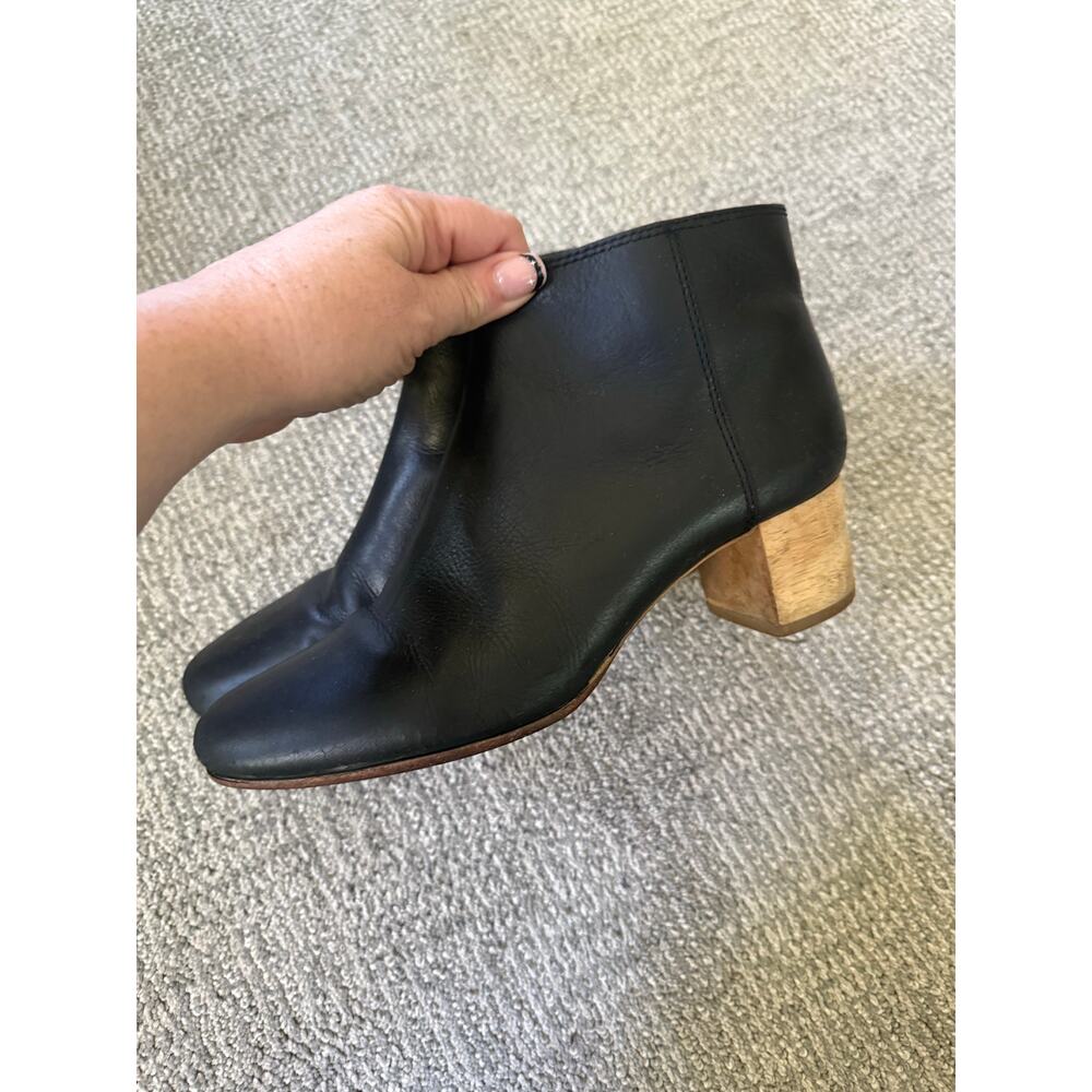 Madewell Lucein black leather bootie with blonde wood‎ heel womens size 10